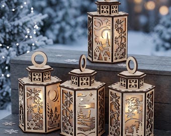 クリスマスランタン レーザーカット SVG 六角形 雪の結晶 村のナイトランプ 4個