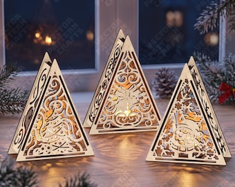 3 Christmas Tree Lantern SVG Laser Cut Triangle Tealight Candle Holder