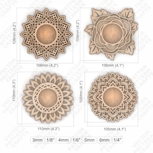 May include: Four laser-cut wooden decorative coasters in various floral and geometric designs. Each coaster is approximately 4.1 to 4.3 inches in diameter. The coasters are made of light-colored wood and feature intricate patterns.