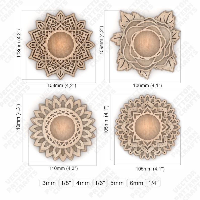 May include: Four laser-cut wooden decorative coasters in various floral and geometric designs. Each coaster is approximately 4.1 to 4.3 inches in diameter. The coasters are made of light-colored wood and feature intricate patterns.