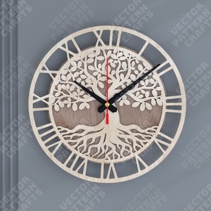May include: Wooden wall clock with a tree of life design. The clock has a light wood finish, Roman numerals, and black hands. The tree design is intricately cut out, with a red second hand. The clock's diameter is approximately 30 cm.