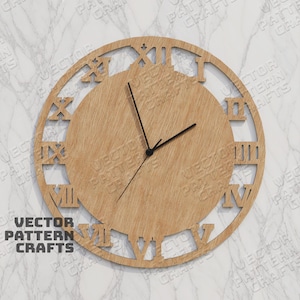 May include: A wooden clock face with Roman numeral markings around the edge. The clock face is light brown and has a wood grain texture. The clock hands are black.