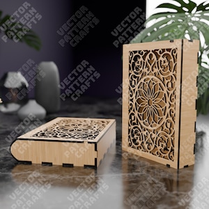 Archivo svg de caja de regalo decorativa cortada con láser Libro de madera Glowforge svg Cricut Caja de libro dxf Patrón vectorial cnc Archivo de corte de caja de libro