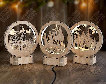 3 Christmas Night Lamp SVG Laser Cut Flexible Nativity Santa Lantern