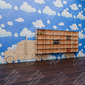 Spielzeugautosaufbewahrung Regalorganisator Laserschnitt svg Datei Glowforge LKW-Autoslagerung svg Spielzeugautos-Veranstalter DXF Cnc-Muster Digitale Datei