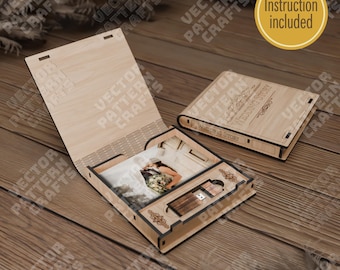 Wooden wedding usb photo box laser cut svg file Glowforge photo usb box svg Wedding photo case dxf cnc vector pattern laser file