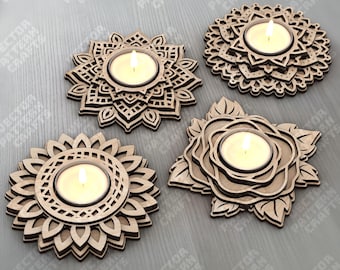 Gelaagde kandelaar 4 bundel lasergesneden svg-bestand Glowforge houten theelichthouder set svg cricut tabel laser dxf-sjabloon kandelaar laser