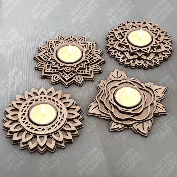 Layered candle holder 4 bundle laser cut svg file Glowforge wooden tealight holder set svg cricut Table laser dxf template Candlestick laser
