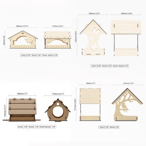 Op de afbeelding: Vijf verschillende vogelvoederhuisjes van hout. De voederhuisjes zijn allemaal in verschillende maten en vormen, sommige met een dak, een platform of een vogelhuis-ontwerp. De voederhuisjes zijn allemaal gemaakt van natuurlijk hout en hebben een rustieke uitstraling. De afmetingen van elk voederhuisje zijn aangegeven in inches en millimeters.