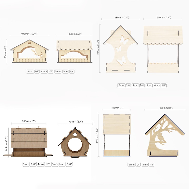 Op de afbeelding: Vijf verschillende vogelvoederhuisjes van hout. De voederhuisjes zijn allemaal in verschillende maten en vormen, sommige met een dak, een platform of een vogelhuis-ontwerp. De voederhuisjes zijn allemaal gemaakt van natuurlijk hout en hebben een rustieke uitstraling. De afmetingen van elk voederhuisje zijn aangegeven in inches en millimeters.