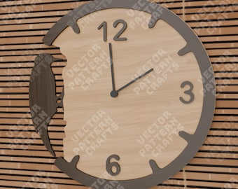 Reloj de pared con forma de pájaro carpintero, cortado con láser en formato SVG, esfera redonda multicapa con números.