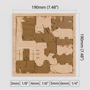Puede incluir: Puzzle de madera con 16 piezas que forman diferentes formas de animales. El rompecabezas est&aacute; hecho de madera clara y oscura y mide 19 cm por 19 cm.