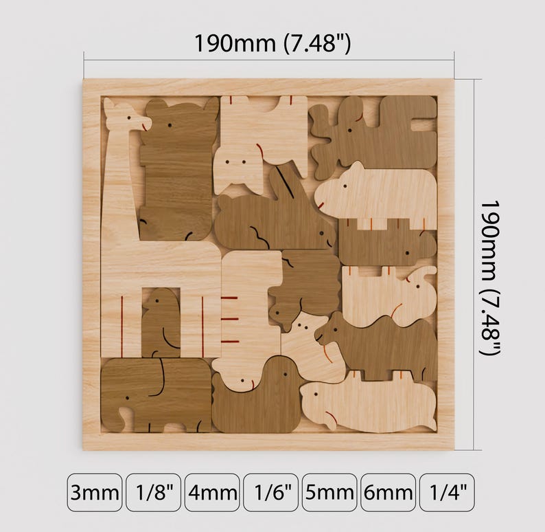 Puede incluir: Puzzle de madera con 16 piezas que forman diferentes formas de animales. El rompecabezas est&aacute; hecho de madera clara y oscura y mide 19 cm por 19 cm.