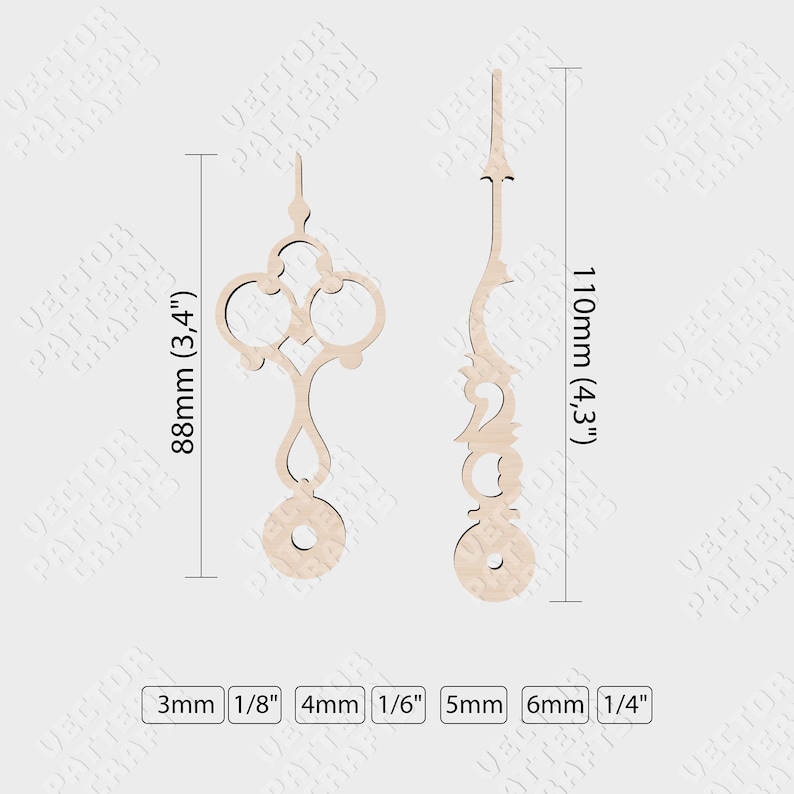 May include: Two wooden clock hands with intricate designs. The hour hand is 88mm long and the minute hand is 110mm long.