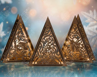 3 Christmas Tree Lantern SVG Laser Cut Triangle Tealight Candle Holder