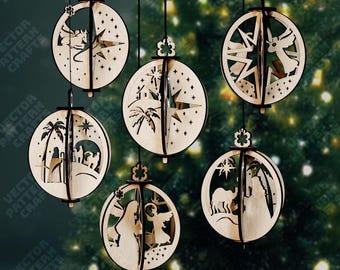 6 Nativity Ornament Bauble SVG Laser Cut Round Christian Tree Decor