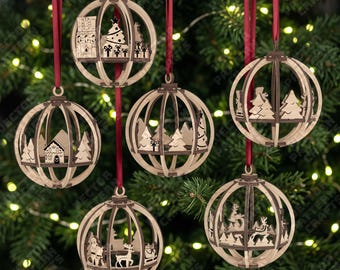 6 Palline di Natale SVG Taglio Laser Scena 3D Ornamento Albero