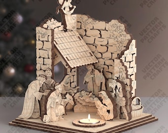 Nativity Scene Ruins Candle Holder Laser Cut SVG Tealight Angel Stable