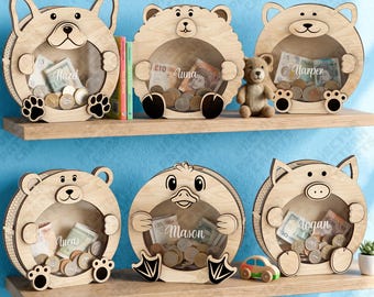 6 Animal Piggy Bank Laser Cut SVG Cat Dog Kids Money Box