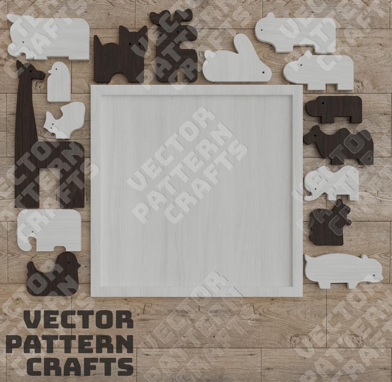 Puede incluir: Un conjunto de formas de animales de madera en blanco y negro, que incluyen una jirafa, un elefante, un hipop&oacute;tamo y otros animales. Las formas est&aacute;n dispuestas alrededor de un cuadrado blanco con el texto "VECTOR PATTERN CRAFTS" en &eacute;l.