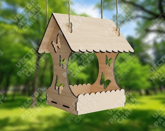 May include: A wooden bird feeder shaped like a house with a butterfly design. The feeder has a small platform for birds to perch on and a clear plastic container for birdseed. The feeder is hanging from a string.