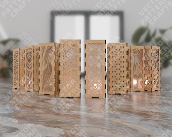 Suporte para 6 velas tealight, estilo lanterna, com corte a laser em formato floral geométrico.