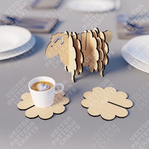 File in formato SVG per sottobicchieri in legno a forma di pecora, taglio laser, set di supporti per sottobicchieri a forma di pecora Glowforge, file in formato SVG per Cricut, modello vettoriale DXF CNC per sottobicchieri.