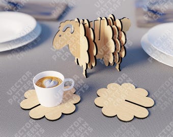 Sheep Coaster Holder SVG Laser Cut Wooden Flower Set Kitchen Decor