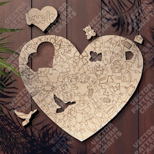 Drewniane serce miłość puzzle laserowo cięte plik svg Glowforge dekoracyjne serce miłość puzzle svg cricut serce puzzle dxf cnc wektor wzór