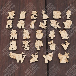 Letras del alfabeto de animales cortadas con láser, archivo SVG Glowforge, letras de animales para niños, SVG Cricut, rompecabezas del alfabeto de animales, patrón vectorial CNC DXF