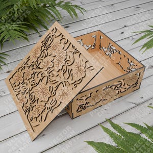 Scatola decorativa per fiori in legno tagliata al laser file di taglio svg Glowforge fiori incisi scatola regalo svg cricut Scatola per gioielli dxf cnc modello vettoriale