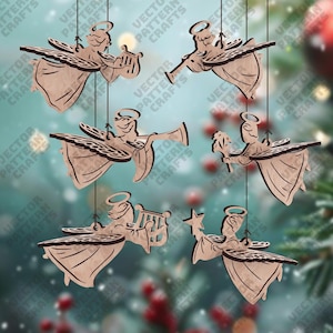 6 Christmas Angel SVG Laser Cut Ornament Hanging Musical Religious Decor