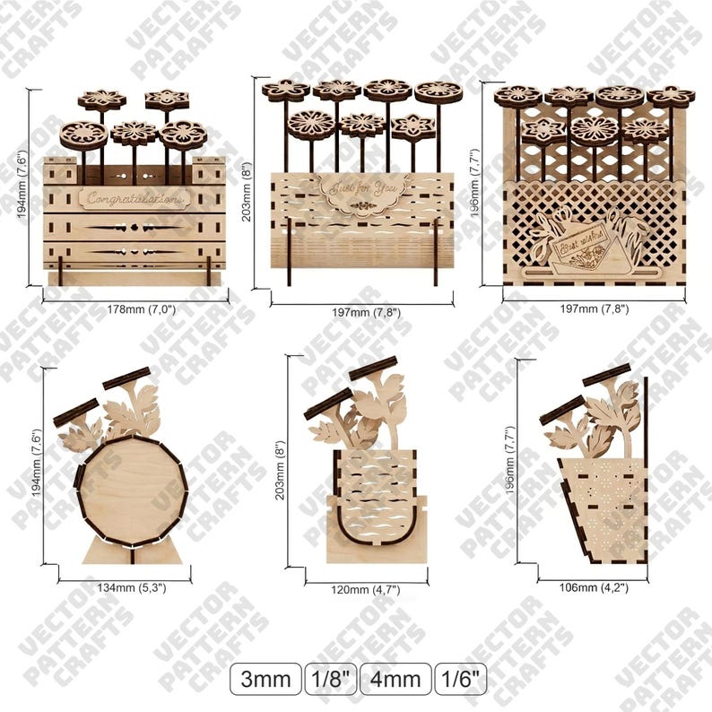 May include: Laser-cut wooden decorative holders with floral and leaf designs. The holders include text that reads "Congratulations", "All for You", and "Best wishes". Measurements are in inches.