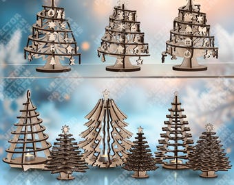May include: A collection of wooden Christmas tree decorations in various sizes and designs. Some trees have a spiral design with hanging ornaments, while others are more traditional shapes. The trees are made of light-colored wood and are suitable for holiday decor.