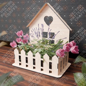 Lasergesneden bloemen huis mand svg sjabloon Glowforge houten bloemenmand svg cricut bloemen mand dxf cnc vector patroon