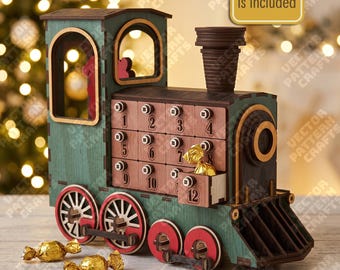 Calendario de Adviento con Tren Navideño SVG Cortado con Láser 25 Cajones Cuenta Regresiva