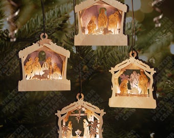 3D Nativity scene 4 ornaments laser cut svg file Glowforge Nativity round Tree Ornaments svg Nativity bauble dxf Christmas laser cut