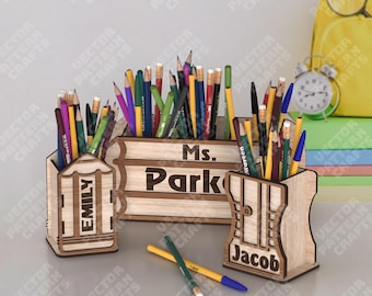 Personalized Pencil Holder SVG 3 Laser Cut Desk Organizer Name Gift