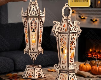 2 Halloween Lantern Laser Cut SVG Gotic Candle Holder