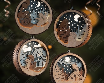 4 adornos navideños flexibles SVG cortados con láser Living Hinge Decoración de árbol de invierno iluminada