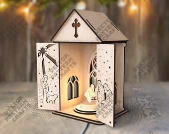 Nativity House Lantern SVG Laser Cut 3D Candle Holder Holy Family Standing Decor