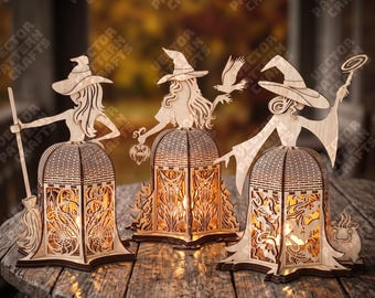3 Halloween-häxlyktor laserskurna SVG-spöklika värmeljushållare