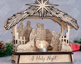 May include: A wooden nativity scene with a star on top, depicting Mary, Joseph, baby Jesus, and animals. The base has the text "O Holy Night" and a lit candle. A Christmas decoration.