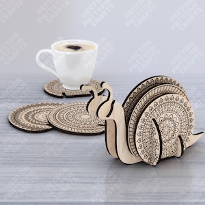 Slak onderzetters houder lasergesneden svg-bestand Glowforge slak onderzetters houder set svg cricut onderzetters dxf cnc vector patroon onderzetters sjabloon