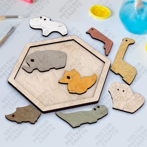 Hexagon animals puzzle laser cut svg file Glowforge kids montessori puzzle svg cricut Animals educational puzzle dxf cnc vector pattern