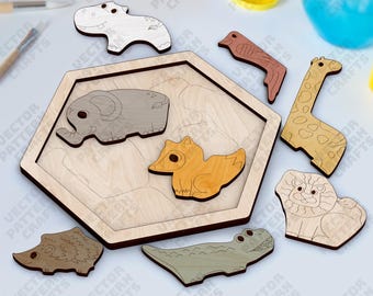 Rompecabezas de animales hexagonales cortados con láser, archivo SVG, rompecabezas Montessori para niños Glowforge, SVG, Cricut, rompecabezas educativo de animales, patrón vectorial CNC DXF