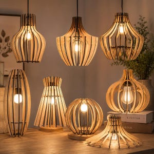 9 Wooden Lampshade SVG Laser Cut Pendant Floor Table Light Fixture