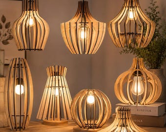 9 Wooden Lampshade SVG Laser Cut Pendant Floor Table Light Fixture