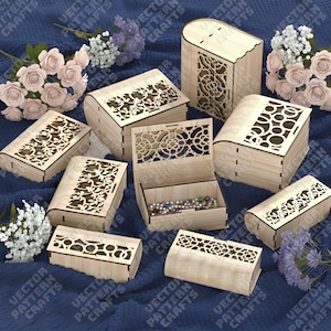 Caja de regalo de madera decorativa, paquete de 9, archivo SVG cortado con láser, plantilla SVG de caja de regalo Glowforge, patrón DXF de caja flexible, archivo de caja cortado con láser