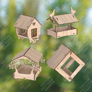 Laser cut bird feeder house 4 bundle svg cutting file Glowforge birdhouse svg cricut Bird nest dxf cnc vector pattern Birdhouse laser file